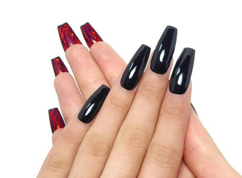 Fragmented Mirror Louboutin Nails ／ Fake nails, press on nails, nail art, gift women, ballerina, coffin, drag, black nails, goth, fashion Louboutin Nails, Bottom Nails, Red Bottom Nails, Nice Hands, Nails Goth, Ballerina Coffin, Nail Red, Nails Ballerina, Black Coffin Nails