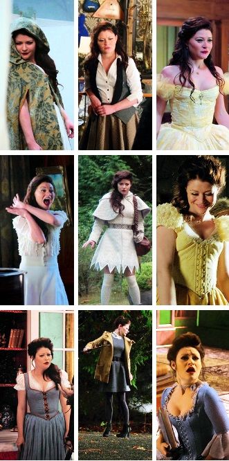 Some of Belle's costumes.  I especially loved her travel-to-Arendelle dress!  This isn't a complete list, as there are several Storybrooke costumes I liked, such as the navy blue sleeveless lace dress. Ouat Outfits, Time Costume, Ouat Characters, Belle French, Belle Outfit, Belle Cosplay, Belle Costume, Emilie De Ravin, Cosplay Inspiration