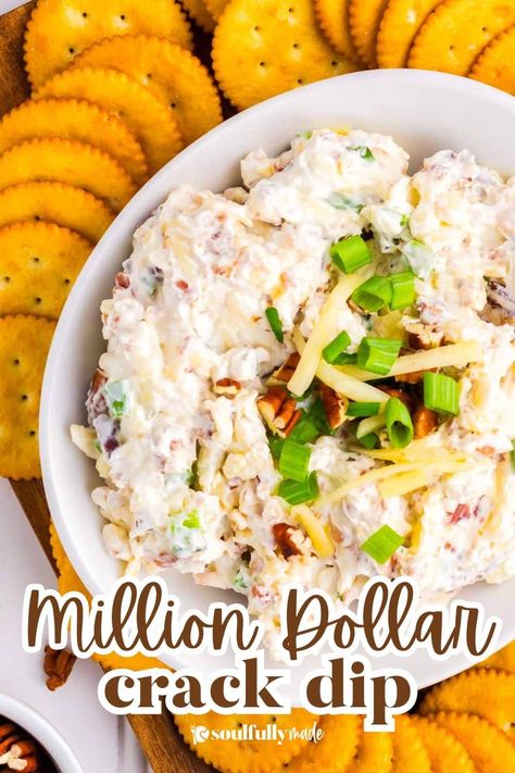 So addictive, your guests won't be able to get enough of this Million Dollar Crack Dip recipe. It is brimming with cheddar cheese, bacon bits, green onion, and pecans, all held together by a creamy, cheesy mixture. All you need is a large box of Ritz crackers and a big bowl! Million Dollar Dip Recipe, Neiman Marcus Dip, Million Dollar Dip, Super Bowl Dips, Green Onions Recipes, Berry Fruit Salad, Onion Dip Recipe, Bacon Dip, Cream Cheese Dips