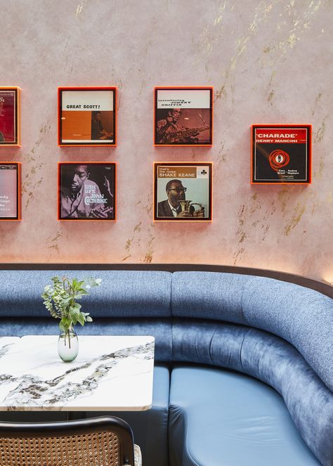 Dusty Pink Walls, Cocktail Bar Interior, Restaurant Banquette, Restaurant Booth Seating, Hotel Restaurant Design, Maida Vale, Blue Lounge, Fluorescent Orange, Booth Seating