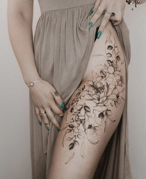 Womens Upper Thigh Tattoo, Behind Leg Tattoo Thighs, Upper Leg Tattoos, Upper Thigh Tattoos, Rose Tattoos For Women, Tattoos For Women Flowers, Tattoed Women, Floral Composition, Delicate Tattoo