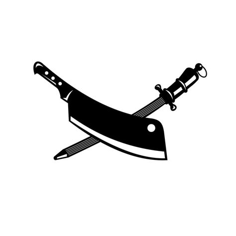 Crossed Butcher Knife Meat Cleaver and Sharpener Steel Rod Retro Woodcut Black and White Cleaver Knife Tattoos, Butcher Knife Tattoo, Butcher Tattoo, Knife Logo, Small Bridge, Knife Tattoo, Cow Drawing, Meat Cleaver, Chop Chop