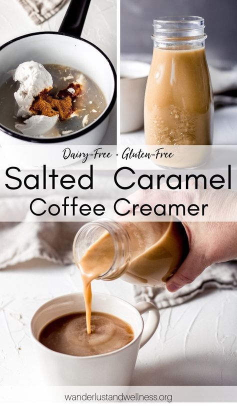 This homemade dairy-free salted caramel coffee creamer brings forth the perfect balance between sweet and a hint of salted with its salted caramel flavoring. Easy to make with three simple ingredients. #dairyfree #dairyfreecoffeecreamer #homemadecoffeecreamer #saltedcaramel Homemade Creamer Non Dairy, Almond Milk Caramel Coffee Creamer, Healthy Caramel Coffee Creamer, Homemade Creamer Caramel, Healthy Coffee Flavoring, Coffee Creamer Recipe Non Dairy, Coffee Creamer Homemade Non Dairy, Dairy Free Coffee Creamer Recipes, Salted Caramel Creamer Recipe