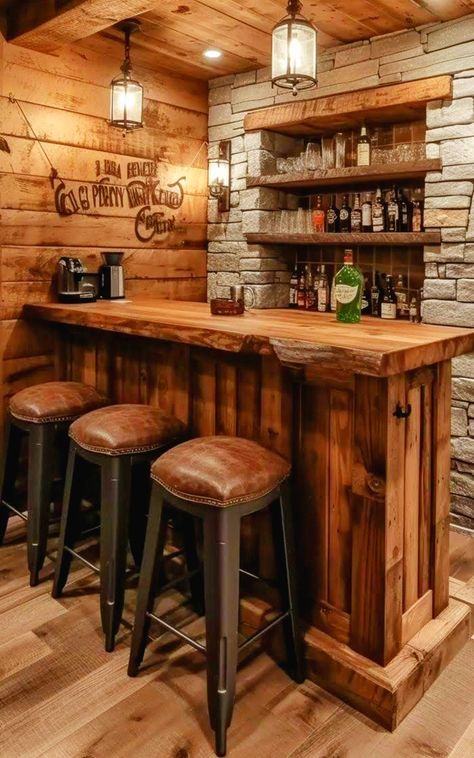 Small Rustic Bar Ideas, Diy Bar Room Ideas In House, Cabin Bar Ideas, Country Bar Ideas, Stone Bar Ideas, Simple Basement Bar, Simple Basement Bar Ideas, Country Pub Interior, Garage Bar Ideas Man Caves