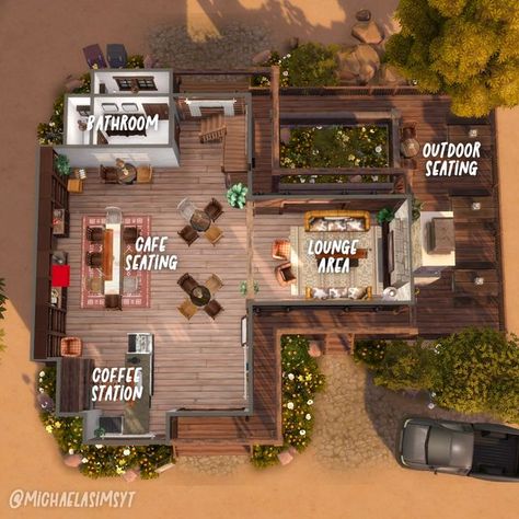 Outdoor Seating Cafe, Cafe Ideas Design, Library Floor Plan, Sims 4 Get Together, Cafe Floor Plan, Cafe Plan, Restaurant Floor Plan, Restaurant Layout, Sims 4 House