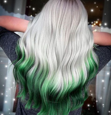 Green Roots Blonde Hair, Blonde Hair With Green Tips, Green And Blonde Hair, Blonde And Green Hair, Green And White Hair, Green Hair Streaks, Green Hair Ombre, Green Hair Extensions, Purple And Green Hair