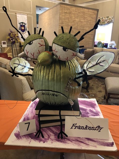 Frankenfly pumpkin Frankenfly Pumpkin, Pumpkin Competition Ideas, Storybook Pumpkin, Halloween Pumpkin Crafts, Creative Pumpkin Painting, Creative Pumpkin Decorating, Contest Ideas, Pumpkin Decorating Contest, Pumpkin Contest