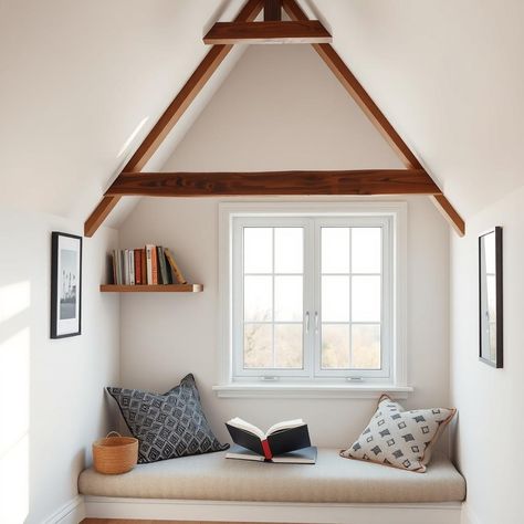 Turn your attic into a cozy reading nook with a dormer window that lets in soft light creating the perfect escape 📚 #readingcorner #atticbliss Dormer Reading Nook, Window Reading Nook, Attic Dormer, Dormer Window, Angled Ceiling, Attic Room, Window Benches, Dormer Windows, Loft Conversion