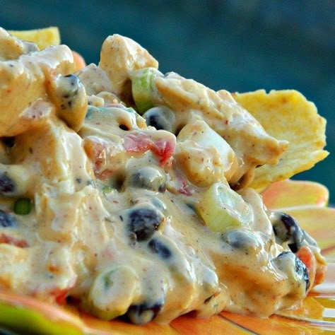 Outrageous Warm Chicken Nacho Dip | "This is my jazzed up version of classic queso dip taken to a heartier level, perfect for football games, tailgating or for taking along to pot lucks in a slow cooker!" Chicken Nacho Dip Recipe, Warm Chicken Nacho Dip, Chicken Nacho Dip, Nacho Dip, Chips Dip, Dump Dinners, Cheesecake Dip, Chicken Nachos, Dips And Appetizers