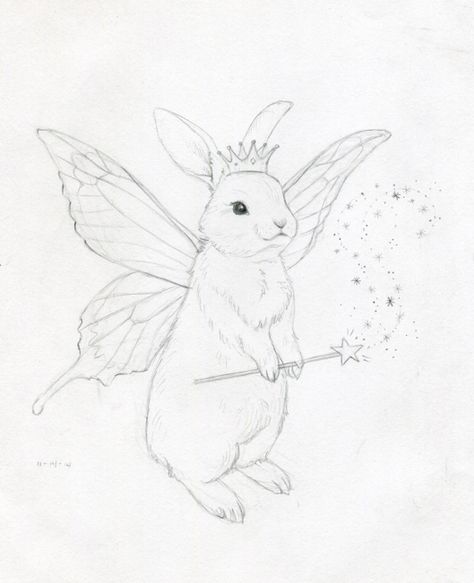 Possum With Fairy Wings, Animal Fairy Tattoo, Bunny Fairy Tattoo, Fairy Rabbit, Dolly Art, Bunny Sketches, Cottagecore Spring, Rabbit Drawing, Bunny Tattoos