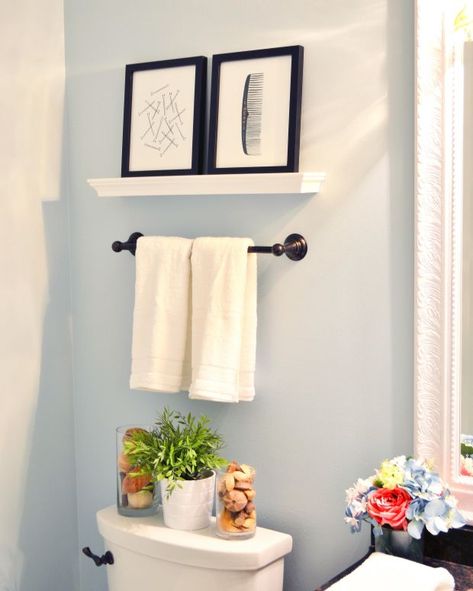 Powder Room Update - The Cofran Home Towel Rack Above Toilet, Shelf Above Toilet, Powder Room Update, Above Toilet, Shelves Above Toilet, Shelves Over Toilet, Bathroom Shelves Over Toilet, Room Shelf, Powder Room Design