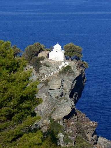 Skopelos Island, Greece (Wedding Chapel in Mamma Mia) Skopelos Island, Mamma Mia Wedding, Greek Churches, Sifnos Greece, Skopelos Greece, Momma Mia, Small Castles, Skiathos, Wedding Scene