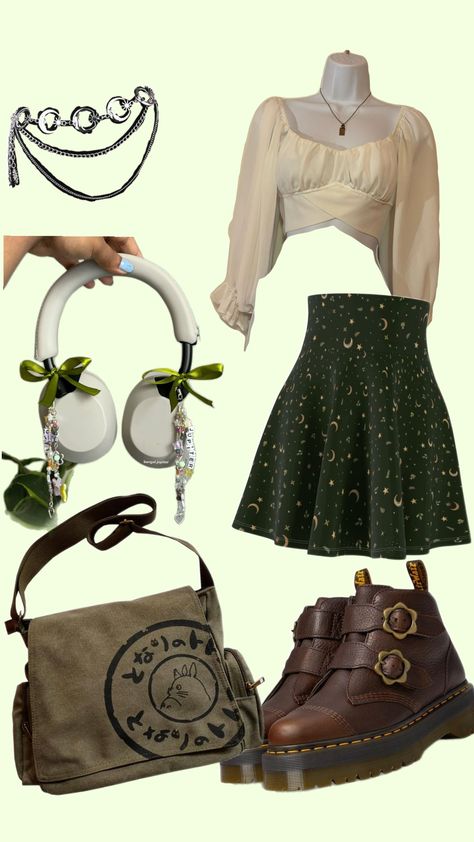 outfit inspo featuring Totoro messenger bag! Studio Ghibli Outfits Aesthetic, Ghiblicore Outfits, Totoro Outfit, Totoro Messenger Bag, Studio Ghibli Outfits, 2025 Fits, Boho Cottagecore, Style Goals, Party Inspo