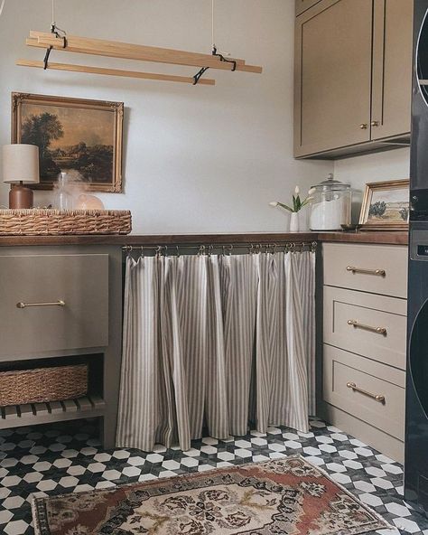 #storage #laundryroomdesign #laundry Curtain Washer And Dryer, Stained Laundry Cabinets, Washer And Dryer Curtain, 1930s Laundry Room, Vintage Farmhouse Laundry Room, Rignell Ranch, Front Loader Laundry Room Ideas, Washer And Dryer In Kitchen, Stackable Washer Dryer Laundry Room