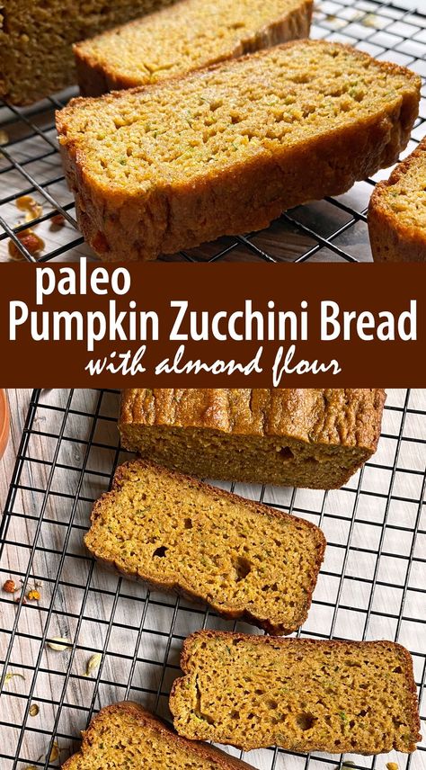 This paleo pumpkin zucchini bread is made with almond flour and loaded with freshly shredded zucchini and pureed pumpkin. This loaf is extremely moist, tender and has the perfect pumpkin flavor. Zucchini Bread With Almond Flour, Bread With Almond Flour, Paleo Zucchini Bread, Pumpkin Zucchini Bread, Pumpkin Zucchini, Pureed Pumpkin, Gluten Free Snacks Healthy, Almond Flour Cakes, Paleo Muffins