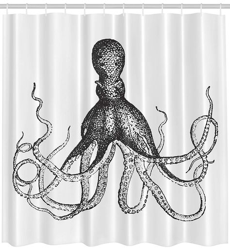 Ambesonne Nautical Sea Creatures Decor Collection Octopus Print Kraken in Ocean Polyester Digital Print Fabric Art Painting Home Decor Bathroom Accessories Gray and White Shower Curtain 69" W/70 L: Amazon.co.uk: Kitchen & Home Beach Theme Shower Curtain, Coastal Shower Curtain, White Sketches, Black And White Shower Curtain, Mini Bathroom, Vintage Octopus, Gray Shower Curtains, Beachfront Decor, Octopus Print