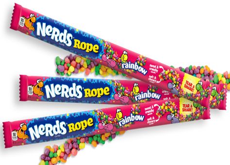 Uncovering tangy, sweet Nerds® flavors is as easy as following a rainbow. That is if it's Rainbow Nerds® Rope. Chewy gummy rope is coated with colorful pieces of crunchy, tart classic Nerds candy. This rainbow comes in 5 fruity flavors: lemon, orange, strawberry and watermelon. Rope Rainbow, Nerds Rope, American Snacks, Nerds Candy, Rainbow Candy, Kandy, Party Packages, Candy Bar, Yummy Treats