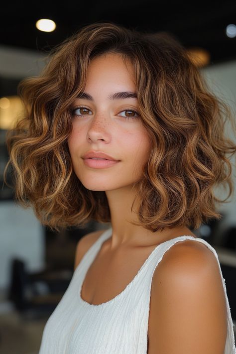 Woman with wavy, shoulder-length hair and a white top, in a softly lit indoor setting. Curls Highlights Brunettes Curly Hair, Honey Brown Balayage Curly Hair, Balayage On Curly Hair, Brown Hair With Balayage, From Brunette To Blonde, Short Blonde Curly Hair, Curly Hair Color Ideas, Natural Blonde Balayage, Honey Blonde Balayage