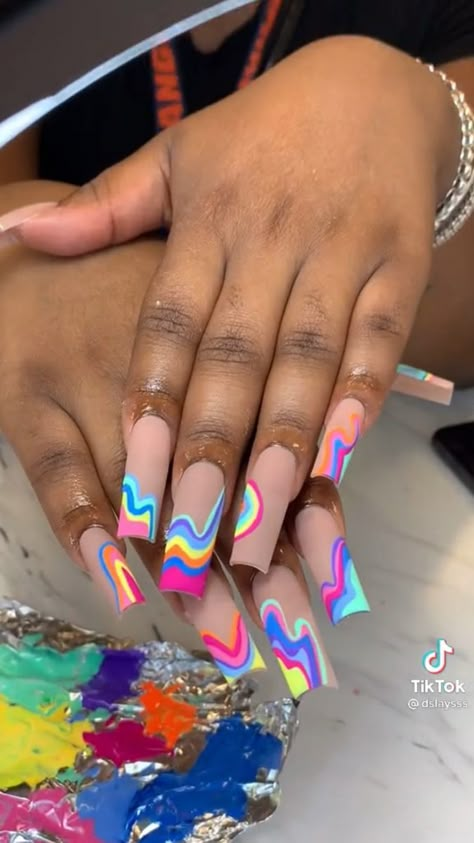 Funky Nail Inspo Square, Colorful Square Nails, Nails Acrylic Colorful, Colorful Nails Acrylic, Colorful Acrylic Nails, Nails Long Acrylic, Nails Funky, Acrylic Nails Nude, Acrylic Toe Nails