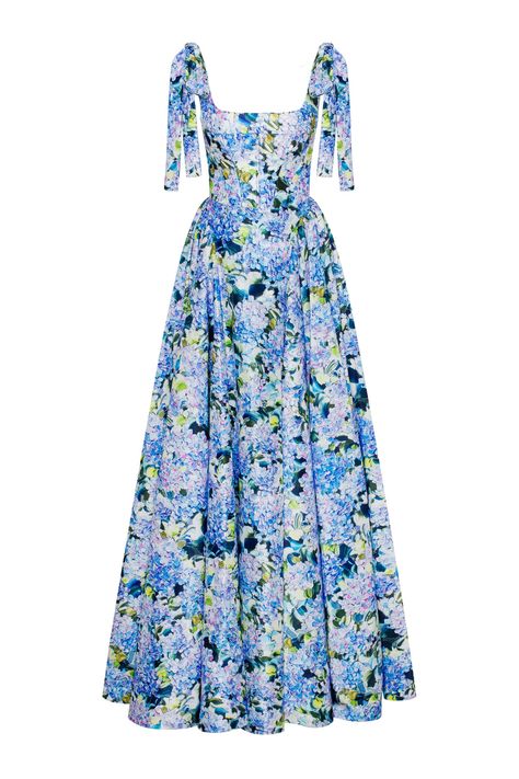 Floral Evening Gown Haute Couture, Blue Hydrangea Dress, Blue Floral Gown, Floral Sleeve Dress, Hydrangea Dress, Casual Floral Dress, Milla Dresses, Bow Straps, Blue Summer Dress