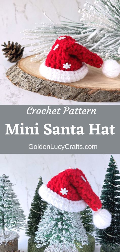 Crocheted red mini Santa hat embellished with small snowflake buttons. Crochet Santa Hat Free Pattern, Crochet Santa Hat Pattern, Christmas Stocking Decor, Mini Santa Hat, Crochet Christmas Ornaments Free Pattern, Santa Hat Pattern, Crochet Santa Hat, Holiday Crochet Patterns, Crochet Christmas Hats