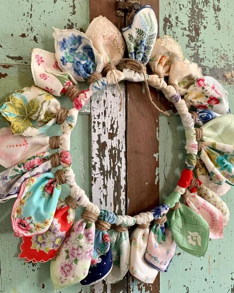 I was so excited to be asked to guest host with this talented group!! Their new theme inspired me to make this wreath that I had always… | Instagram Hankie Wreath, Handkerchief Wreath, Handkerchiefs Crafts, Vintage Handkerchiefs Crafts, Handkerchief Crafts, Creative Wreaths, Fabric Crafts Diy, Black Barn, Vintage Hankies