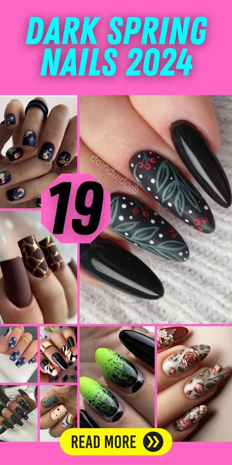 Gothic-Inspired Nail Art for Spring 2024: Spring 2024 will see a rise in gothic-inspired nail art. Expect to see dark colors combined with intricate designs like lace patterns or metallic accents. This style will be particularly striking on almond and stiletto-shaped nails, offering a unique and bold aesthetic for those who want to stand out. Dark Colored Almond Nails, Spring Witchy Nails, Alternative Spring Nails, Goth Nail Art Designs, Gothic Easter Nails, Nail Designs Trending Now 2024, Witchy Spring Nails, Dark Easter Nails, Spring Witch Nails