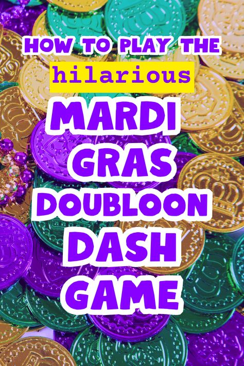 Mardi Gras Party Game Doubloon Dash With Mardi Gras Coins - fun Mardi Gras activity for kids and adults for Mardi Gras party! Funny Fat Tuesday Game to add to your Mardi Gras theme party! #mardigras #mardigrasgames #partygames #groupgame Masquerade Party Games For Adults, Mardi Gras Fundraiser Ideas, Mardi Gras Games For Adults, Mardi Gras Games For Kids, Mardi Gras For Kids, Mardi Gras Activities For Kids, Mardi Gras Party Games, Mardi Gras Games, Mardi Gras Theme Party