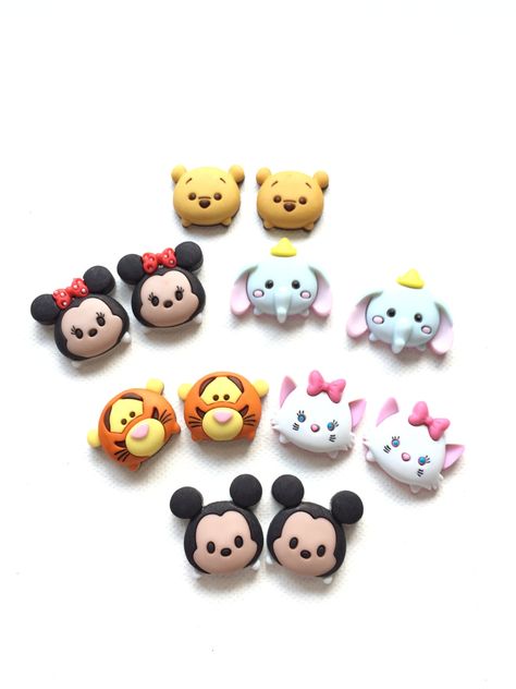 Tsum Tsum Stud Earrings, Cute Disney Characters, Mickey, Minnie, Pooh, Tiger, Dumbo, Marie, Jewelry by DivaliciousJewels on Etsy Disney Inspired Jewelry, Polymer Clay Kunst, Polymer Clay Disney, Crea Fimo, Cute Disney Characters, Tanah Liat, Polymer Clay Jewelry Diy, Polymer Crafts, Cute Polymer Clay