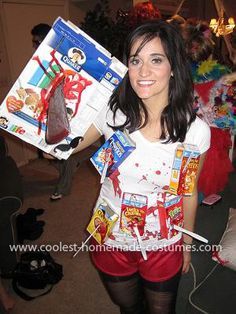 Homemade Cereal Killer Costume: I liked the idea of a cereal killer and wanted to make it cute so I looked online and saw that fake blood along with mini cereal boxes seemed to be the Cereal Killer Halloween Costume, Cereal Killer Costume, Diy Voodoo Doll Costume, Cereal Killer Halloween, Killer Costume, Pun Costumes, Boxing Halloween Costume, Pregnancy Costumes, Cheap Costumes