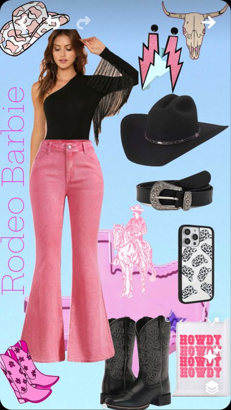 Pink And Black Western Outfit, Western Barbie Outfit, Pink Rodeo Outfit, Pink Country Outfit, Pink Western Outfit, Black Western Outfit, Door Decorations Classroom Christmas, Rodeo Outfit, Bell Bottoms Outfit