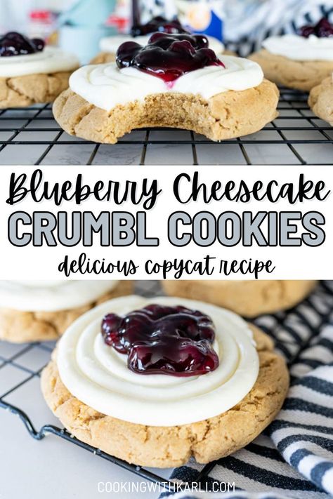 All the flavors you love about cheesecake packed into delicious graham cracker cookie topped with cheesecake frosting and blueberries. With this recipe you get all of the incredible flavors of cheesecake in cookie form! A graham cracker cookie topped with cheesecake frosting and topped with blueberry filling, creates an incredible crumble copycat cookie recipe. | homemade blueberry cheesecake cookies | crumble cookie copycat recipe blueberry cheesecake | best crumble cookie copycat recipe Crumble Cookie Copycat Recipe Funfetti, Crumbl Cookie Copycat Blueberry Cheesecake, Cookies Like Crumbl, Crumbl Blueberry Cheesecake Cookie, Crumbl Birthday Cake Cookies, Cake Batter Blondie Crumbl Cookie, Wedding Cake Crumbl Cookie, Crumbl Blueberry Muffin Cookie, Cornbread Crumble Cookie Recipe