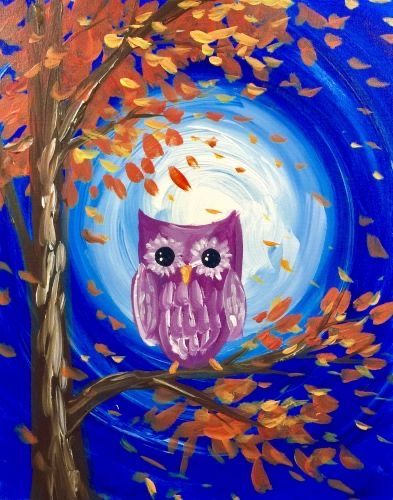 Fall Owl, Cute Owls Wallpaper, Fall Art Projects, Paint Nite, Canvas Drawings, Ocean Scenes, Owl Painting, Autumn Painting, Night Painting