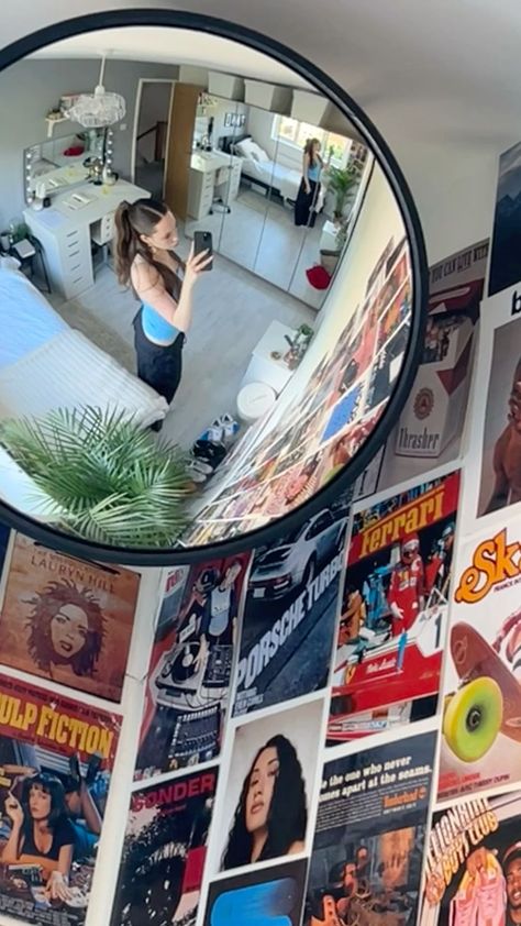 Aesthetic Mirror In Bedroom, Futuristic Bedroom Decor, Posters Around Mirror, Low Bedroom Ideas, Bubble Mirror In Room, Unique Room Decor Bedroom, Street Wear Bedroom, Convex Mirror Bedroom, Wall Art Inspo Bedroom