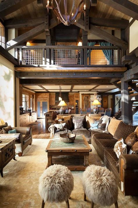 Rustic mountain cabin in Northern California infused with Texas charm Aspen Homes, Rustic Barn Homes, Rustic Modern Cabin, Modern Cabin Interior, Rustic Stairs, Cabin Interior Design, Rustic Living Room Furniture, Rustic Loft, Homes Exterior