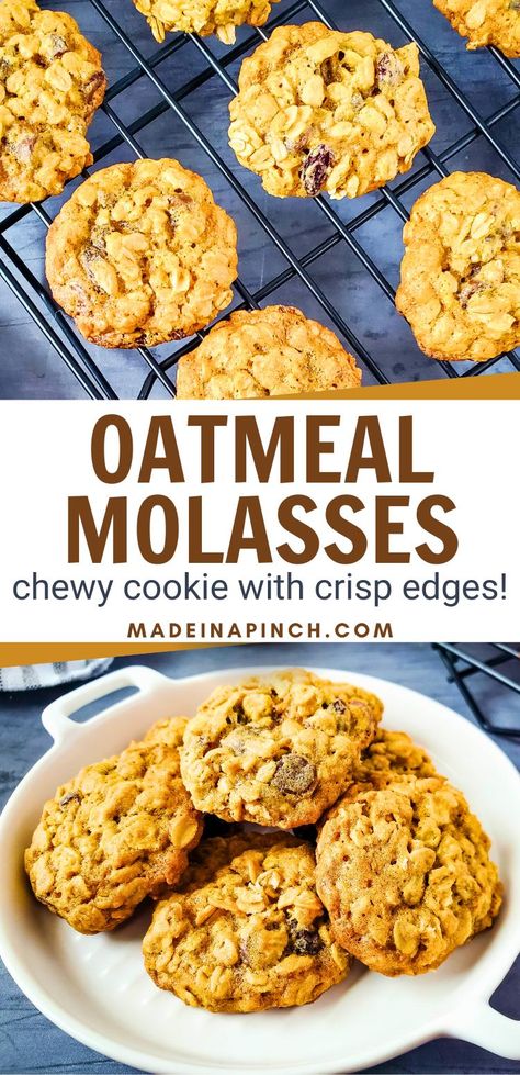 Molasses oatmeal cookie pin featuring two images. The top image shows chocolate chip oatmeal raisin cookies on a cooling rack. The bottom image displays these soft, chewy oatmeal molasses cookies in a white dish. In the middle are the words "Oatmeal Molasses: chewy cookie with crisp edges!" and the website "madeinapinch.com." Oatmeal Raisin Cookies With Molasses, Old Fashioned Oatmeal Raisin Cookies, Raisin Cookies Old Fashioned, Oatmeal Raisin Cookies Easy, Molasses Oatmeal Cookies, Oatmeal Molasses Cookies, Simple Oatmeal, Best Oatmeal Raisin Cookies, Soft Chewy Cookies