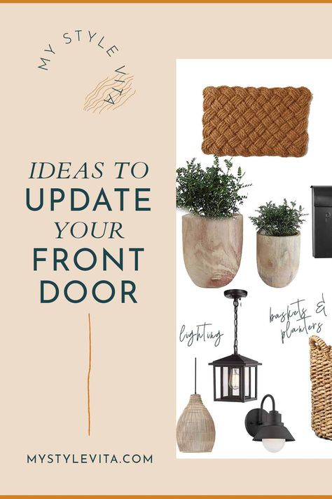 Check out these easy and affordable ideas to update your front door entryway. From house numbers, to planters and mailboxes. Get more front door decor ideas on My Style Vita. #mystylevita #elevatedeveryday Minimalist Front Door Decor, White Stucco House, Front Door Decor Ideas, Front Entrance Decor, Brown Front Doors, Door Decor Ideas, Front Door Planters, Front Door Baskets, Front Door Entryway