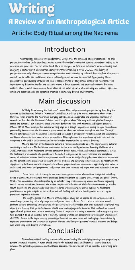 Writing an article review involves summarizing, analyzing, and evaluating the content of a scholarly article. Here's an Example of a review of "Body rituals among the Nacirema" By Horace 1000 Word Essay, Article Review, Argument Essay, Writing An Article, Review Essay, Cultural Awareness, Creative Writing Prompts, Argumentative Essay, Essay Writing Tips