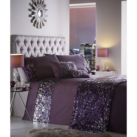 ThisDuvet Cover Set will add elegance to any bedroom. Sequin Bedding, Purple Duvet, Purple Duvet Cover, Silver Bedroom, Purple Bedding, Luxury Bedding Sets, King Bedding Sets, Bed Linens Luxury, Duvet Bedding Sets