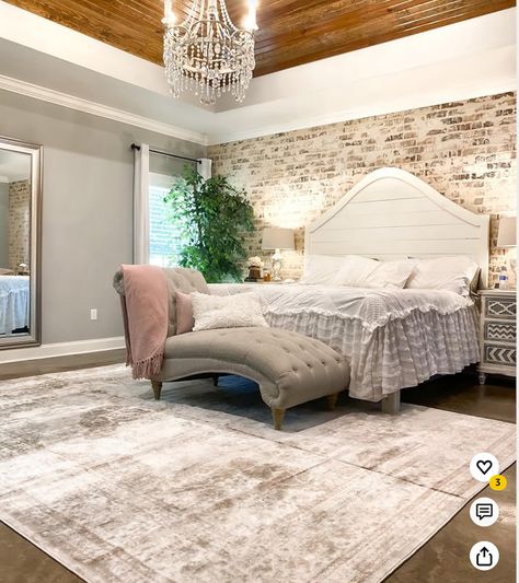 Bedroom White Brick Wall, Fake White Brick Wall Bedroom, Painted Brick Wall Interior Master Bedrooms, Brick Bedroom Wall Ideas, Brick Wall In Bedroom Ideas, Brick Wall Master Suite, White Brick Accent Wall Bedroom, Farmhouse Bedroom Rugs Under Bed, Master Bedrooms With Wallpaper