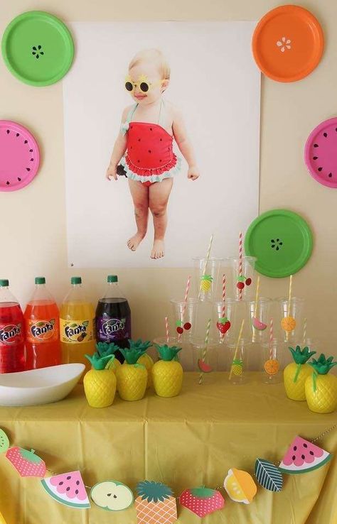 A colorful fruit bar at Paisley's TWO-tti Frutti Birthday Party! Love how they used colorful plastic plates to decorate the walls as fruit!See more party ideas at CatchMyParty.com Tutti Fruity Party, Tutti Frutti Birthday Party, Tutti Frutti Party, Fruit Birthday Party, Watermelon Birthday Parties, 2nd Birthday Party For Girl, Fruit Birthday, Second Birthday Ideas, Fiesta Tropical