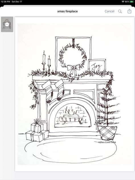 Christmas Idea Drawing, Christmas Art Drawing Sketch, Christmas Home Drawing, Christmas House Drawing Easy, Christmas Gifts Drawing, Aesthetic Christmas Drawings Simple, Holiday Sketches, Fireplace Doodle, Winter Drawing Ideas Easy