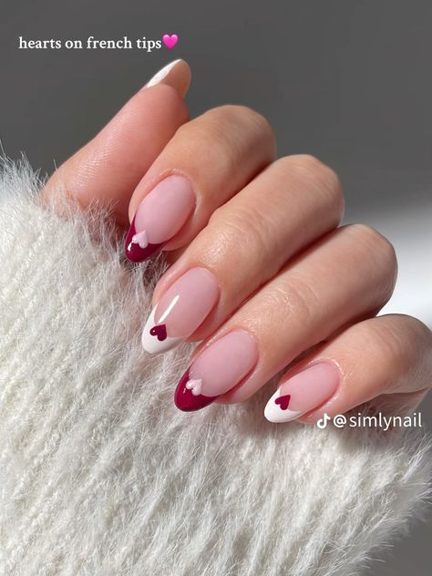 Red White Pink Valentine’s Heart Nails French Tip Design Vday Nails, Nagellack Trends, Heart Nail Designs, Red Christmas Nails, Cute Simple Nails, February Nails, Valentine Nails, Valentines Day Nails, Nail Art Inspo