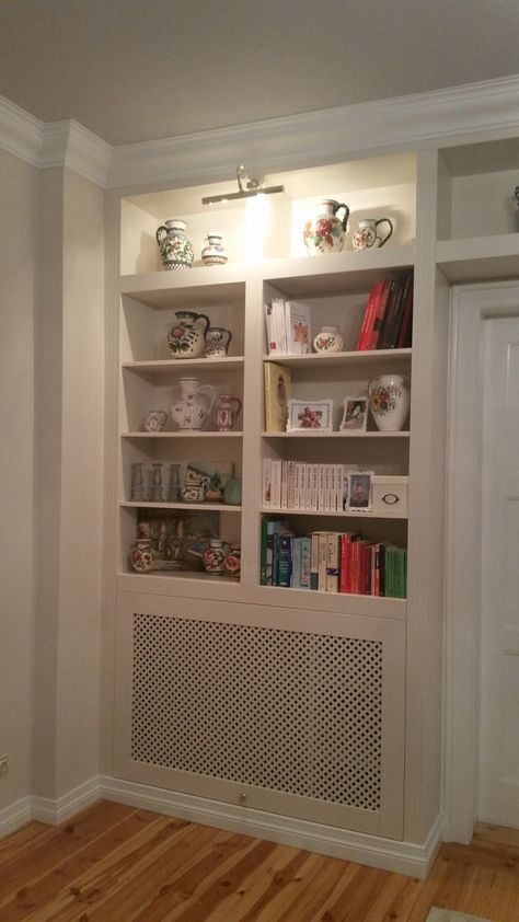 Built Ins Around Air Return, Radiator Cover Bookcase, Radiator Cover Ideas, Living Room Storage Wall, Wall Radiators, Kitchen Bookshelf, Dining Room Built In, Floor To Ceiling Bookshelves, Living Room Panelling