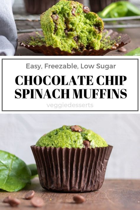 Sweet Spinach Muffins with chocolate are a tasty, easy hidden vegetable recipe! The whole family will love them. You can't taste the spinach but it makes them naturally bright green! Perfect for breakfast, lunch or dessert. #spinachmuffins #greenmuffins #hiddenveg #hiddenvegetables #healthykidsfood Sweet Spinach Muffins With Banana, Sweet Spinach Muffins, Hidden Vegetable Desserts, Spinach Banana Chocolate Chip Muffins, Spinach And Avocado Recipes, Hidden Vegetable Muffins, Green Muffins Kids, Spinach Baked Goods, Spinach Dessert Recipes