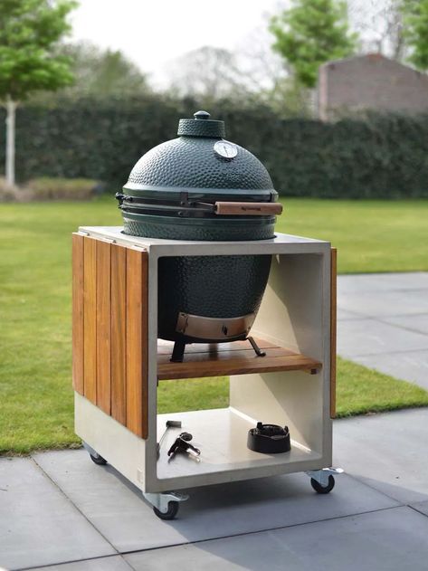 Garden Bbq Ideas, Kamado Table, Big Green Egg Outdoor Kitchen, Small Garden Design Ideas, Big Green Egg Table, Bbq Stand, Bbq Shop, Mini Grill, Bbq Table