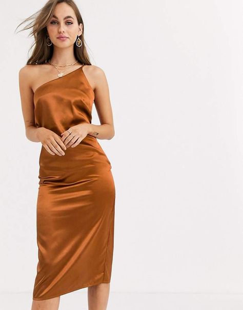 Little Mistress one shoulder satin slip dress in rust-Brown Florida Fall Fashion, Midi Satin Dress, Gown Ideas, Matric Dance, Satin Gowns, Stunning Bridesmaid Dresses, Cami Midi Dress, Slip Dresses, Rust Dress