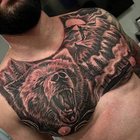 Animal Tattoo Chest Men, Chest Tattoo Animals, Fire Chest Tattoo Men, Animal Chest Tattoo Men, Animal Stomach Tattoos, Chest Tattoo Bear, Grizzly Bear Chest Tattoo, Man Beast, Stomach Tattoos