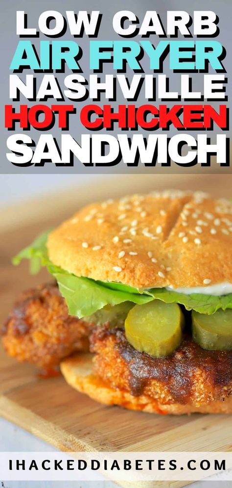 This delicious sweet and spicy Air Fryer Keto Nashville Hot Chicken Sandwich is just like you would get in a restaurant. #keto #lowcarb #recipe Air Fryer Nashville Hot Chicken, Nashville Hot Chicken Sandwich Recipe, Nashville Fried Chicken, Nashville Hot Chicken Sandwich, Low Carb Air Fryer, Air Fryer Keto, Airfryer Chicken, Spicy Chicken Sandwich, Chicken Sandwich Recipe