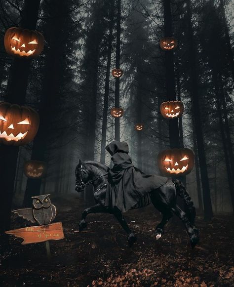 Jack O Lantern Wallpaper, Samhain Aesthetic, Spooky Halloween Aesthetic, Sleepy Hollow Headless Horseman, Lantern Wallpaper, Surreal Scenes, Headless Horseman, Surrealism Photography, Magical Art